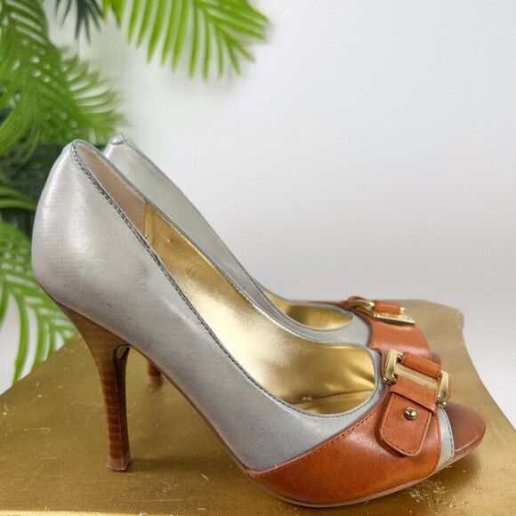 Womens Guess Old Money Classy Leather Peep-Toe Stiletto Buckle Heels / 5.5 - Picture 3 of 9